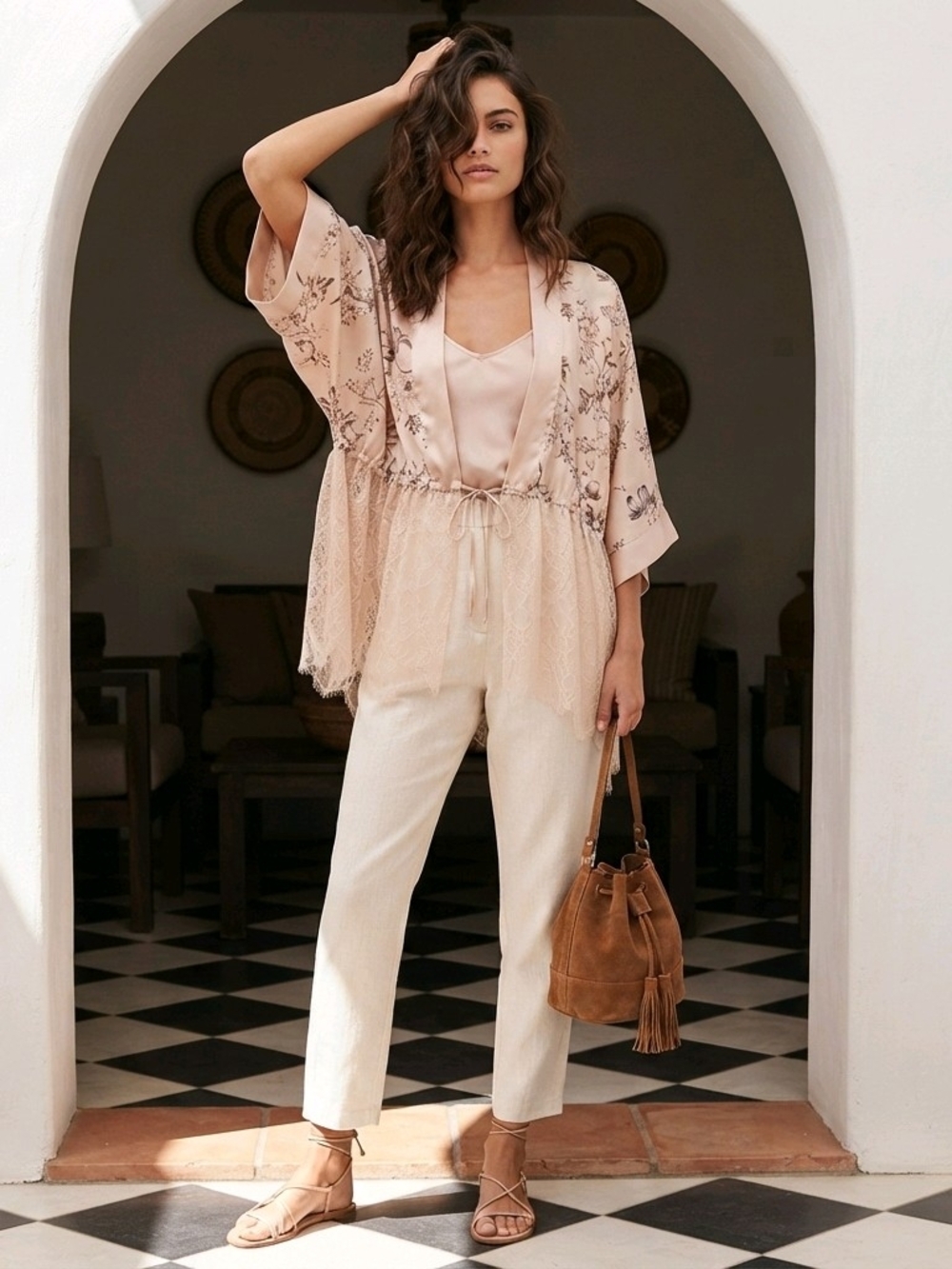 Coco  & Jaimeson Beige Floral Silky Lace Kimono Top. Size M-L